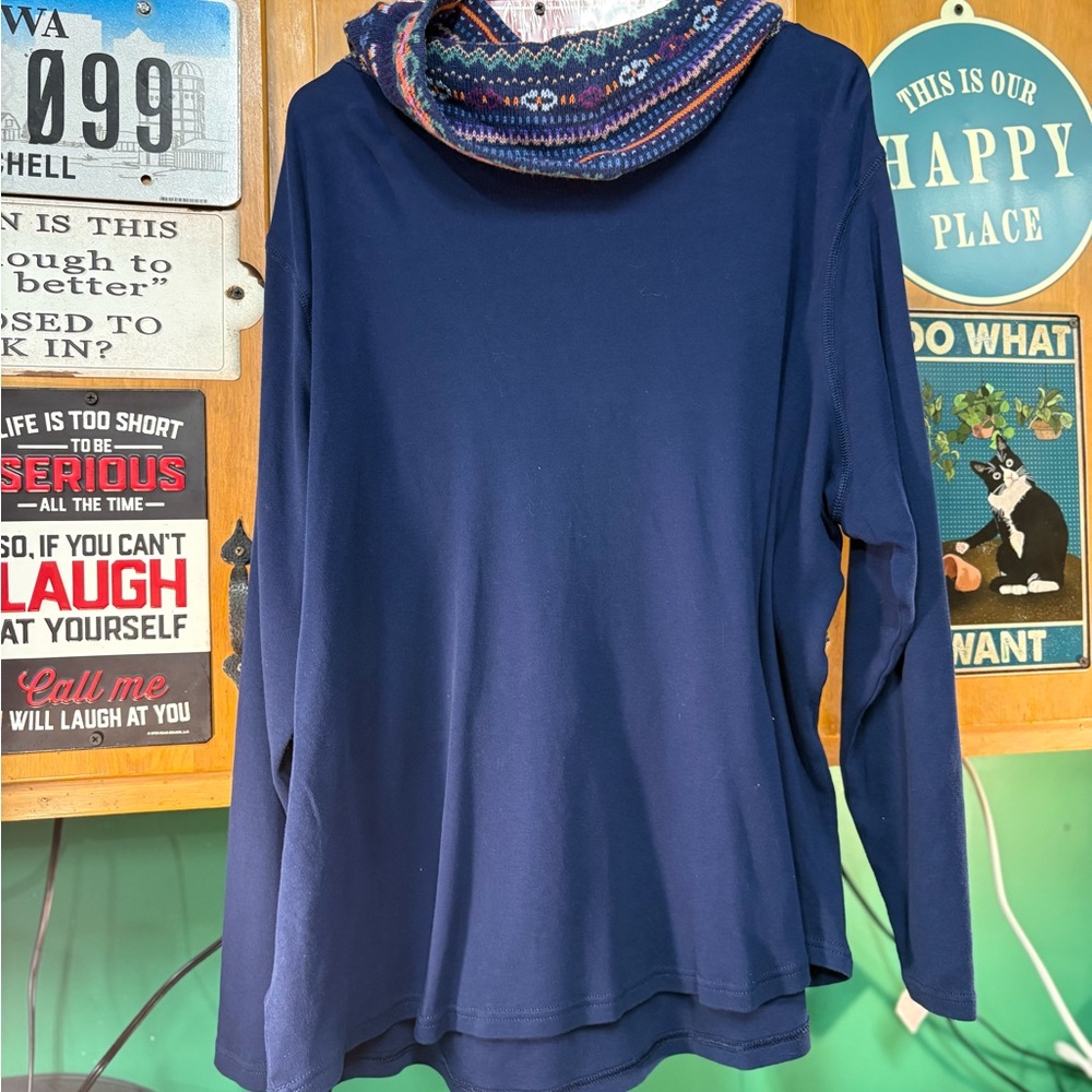Chaps Navy Cowl Neck Sweater with Multicolor Fair Isle Pocket - Picture 7 of 8